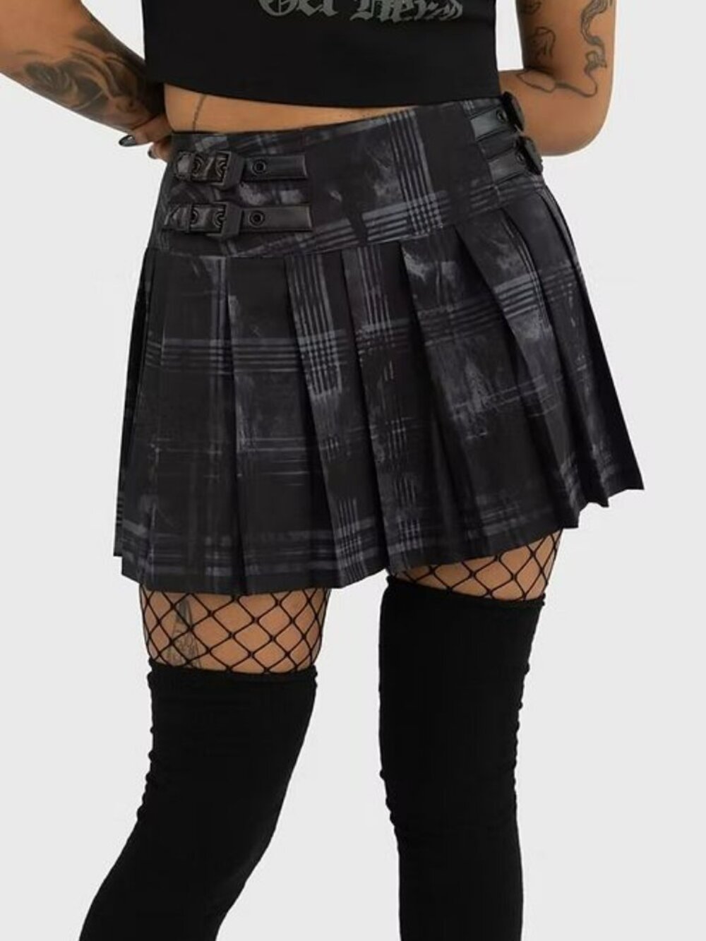 Killstar Storm Cloud Black & Gray Plaid Pleated Mini Skirt w/Buckle Straps XS